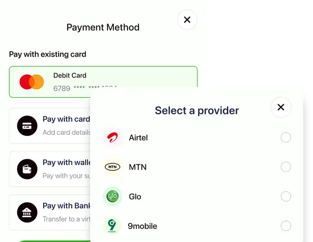 Airtime and data payment screen