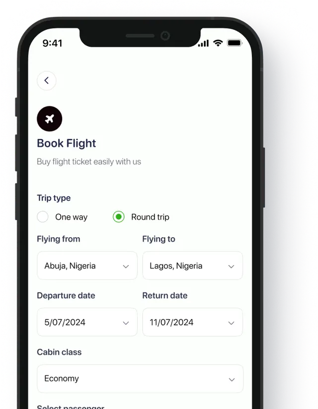 Flight booking screen