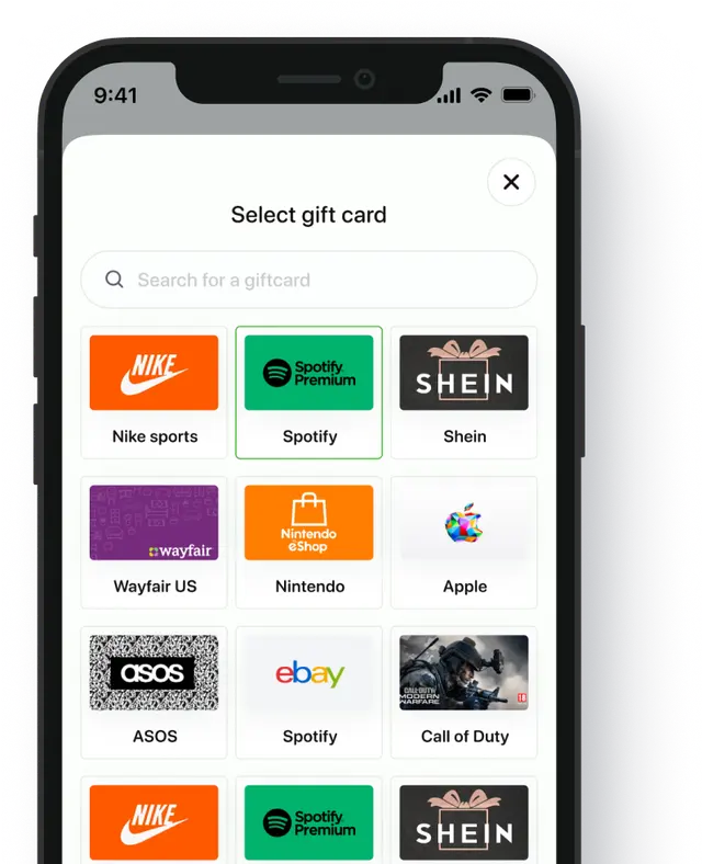 Gift card purchase screen